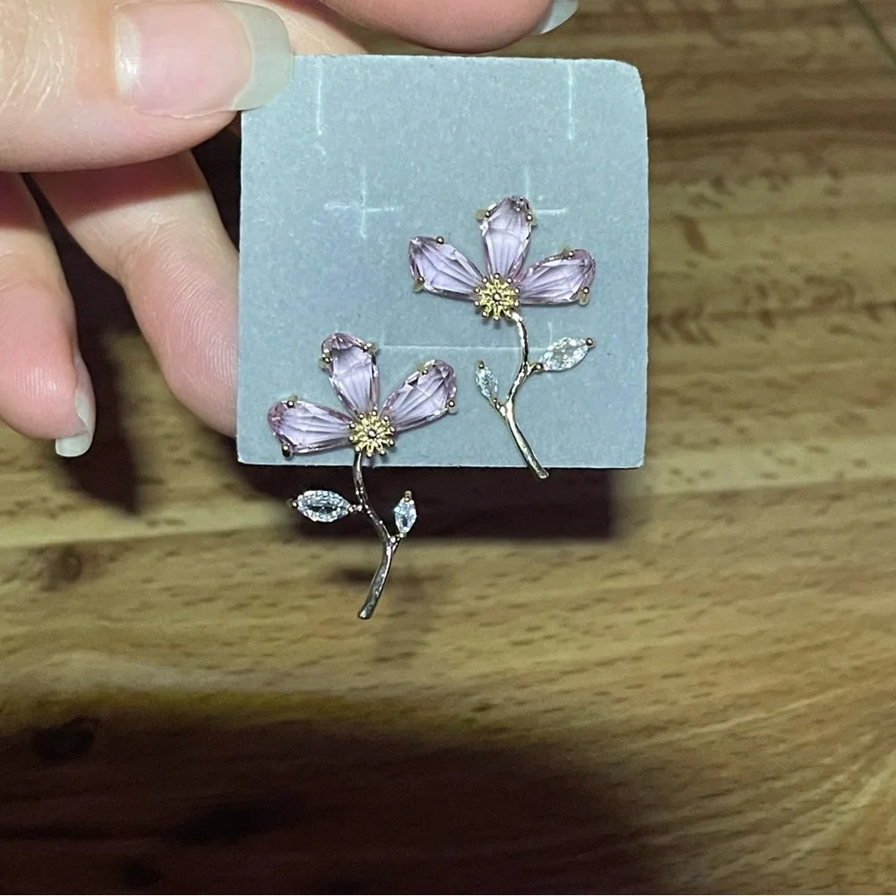Green Flower Stem Women Earrings  14K Gold Plated
